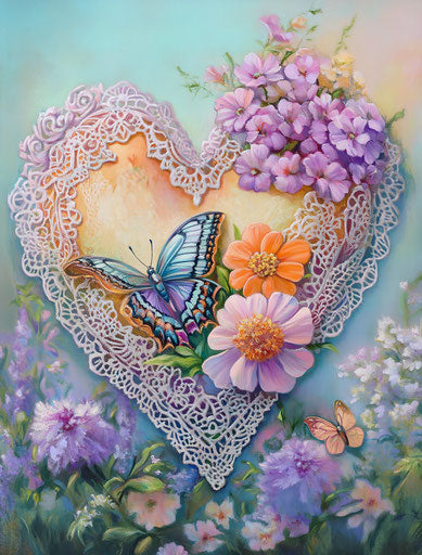 Colorful heart with lace and flowers, butterfly in background