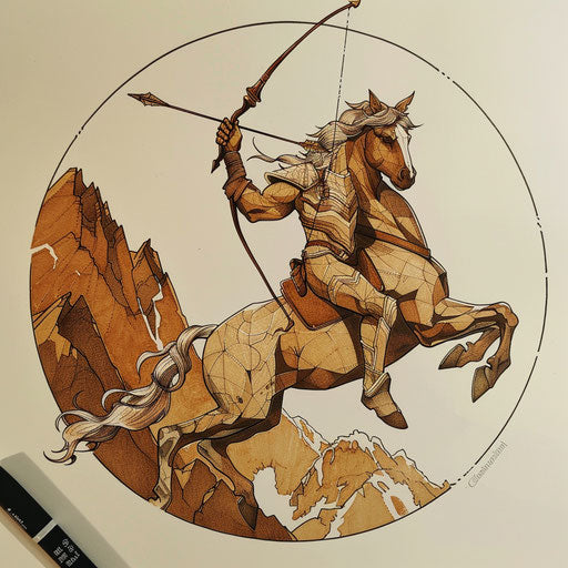 Sagittarius flat tattoo sketch, a centaur archer, with a backdrop of mountains in earth tones