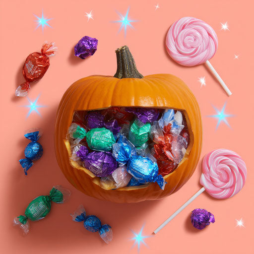 Pumpkin bowl filled with colorful candies