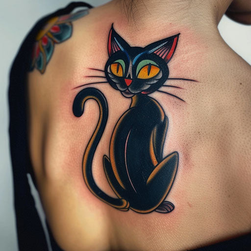 Neo-traditional black cat tattoo, bold outlines and bright colors