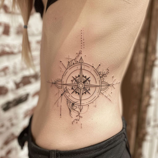 Minimalist compass rib tattoos, Ami James style