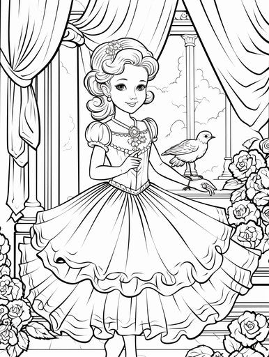 Child in the ballroom coloring page with flowers and birds