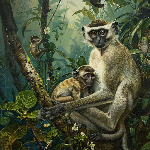 Mother monkey tenderly cradling her baby in dense canopy
