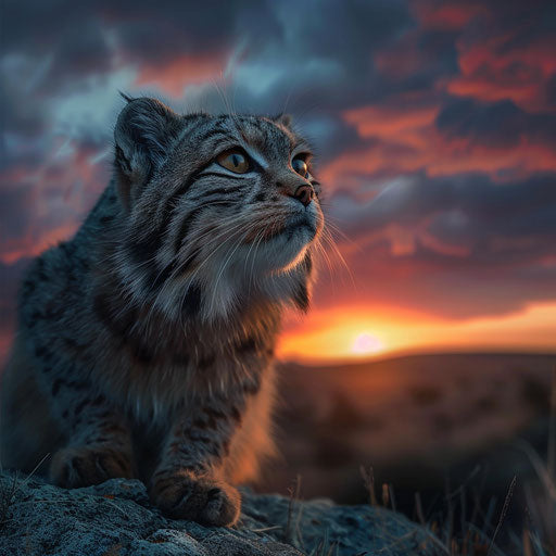 Manul cat against sunset on the steppes