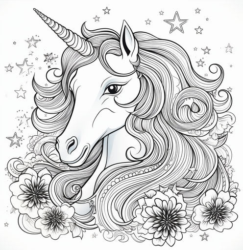 Funny cute unicorn coloring page with stars