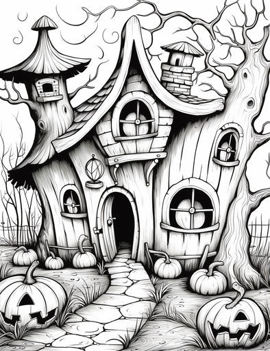 Halloween coloring pages with house and pumpkins