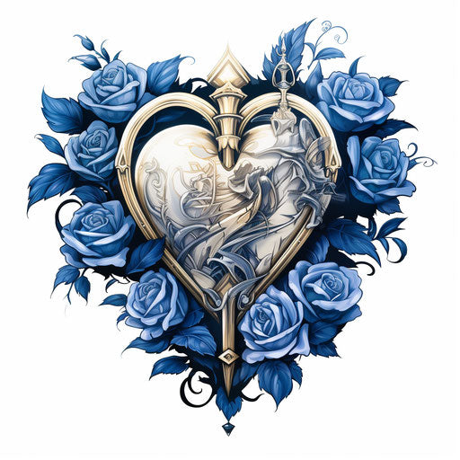 Heart tattoo with sword and roses, white and blue style