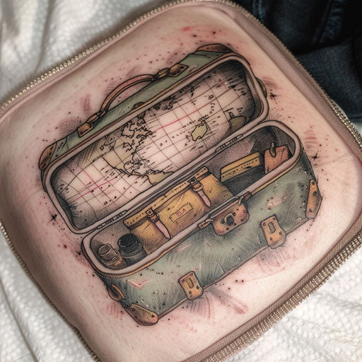 Detailed tattoo of vintage suitcase open, travel essentials revealed on white canvas