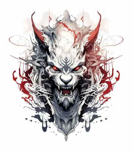 Demon head tattoo with abstract geometric shapes