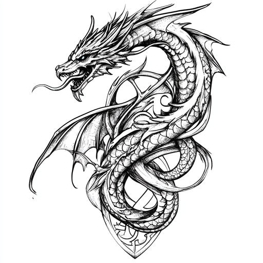 Flat cartoon of a beautiful tribal dragon tattoo intertwined with Celtic symbols on pure white background