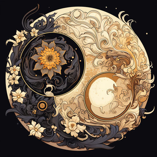 Yin yang symbol with sun, moon, and all symbols