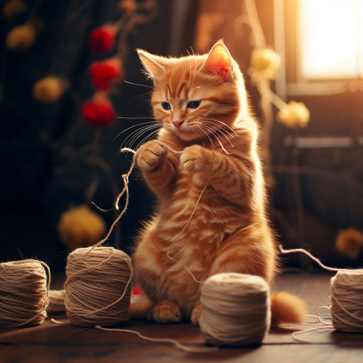 Ginger cat playing with yarn