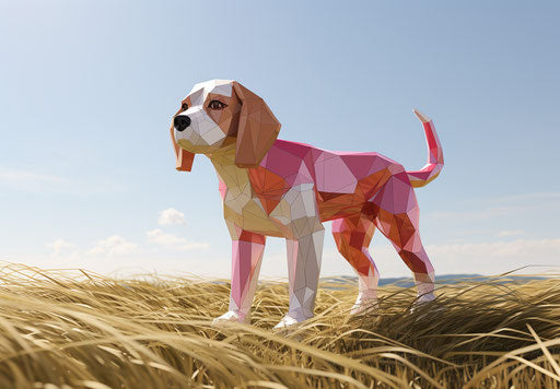 A beagle walks on grass, oscar niemeyer style, intriguing taboo
