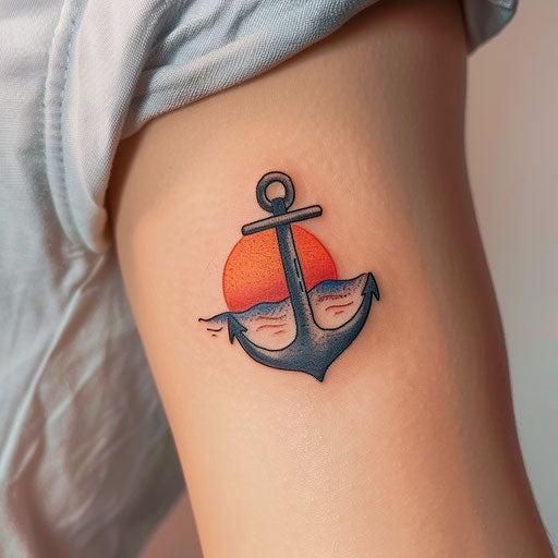 Nautical sunset tattoo with anchor silhouette on orange sea