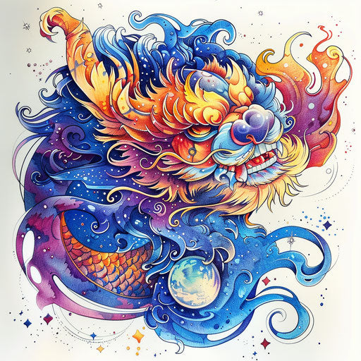Cosmic lion dog tattoo, starry design on white background