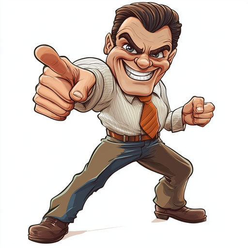 Humorous caricature of a success caricature with human characteristics, exaggerated button nose, muscular legs, tiny, vibrant colors, cartoon style, pointing, high-resolution, no background, isolated