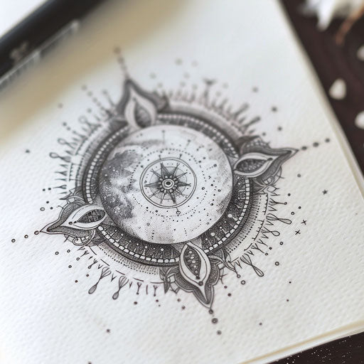 Moon-centered mandala tattoo design with starry patterns on white background