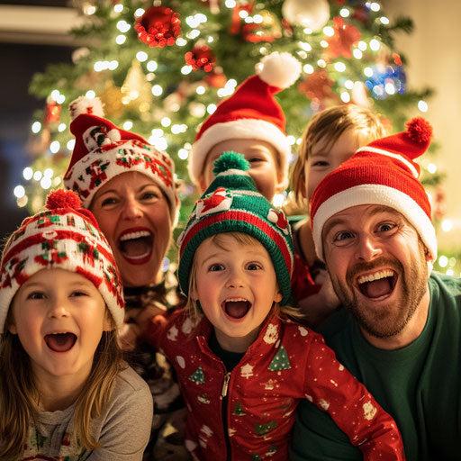 Family photo with goofy Christmas hats and funny faces
