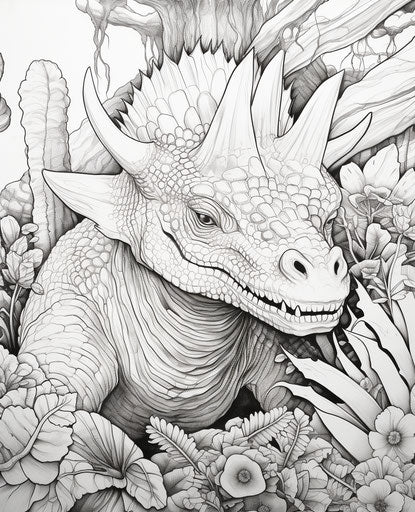 Triceratops coloring page, primordial creatures style, realistic detail