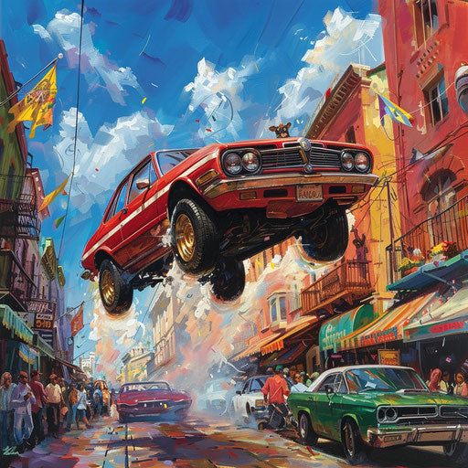 Lowrider Alfa Romeo Alfasud with hydraulic suspension, bouncing down a vibrant street during a cultural festival