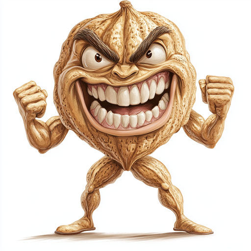 Humorous caricature of a nut caricature with human characteristics, exaggerated thin lips, muscular arms, vibrant colors, cartoon style, angry, high resolution, no background, isolated