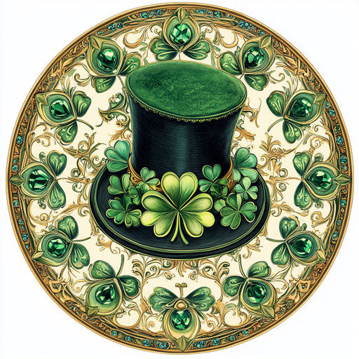 Four-leaf clovers, green gems, and Irish hat in circle
