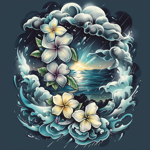 Dramatic flat tattoo sketch of plumeria in a storm