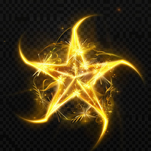 Golden star with glowing yellow flames on transparent background, Quito school style, animated exuberance
