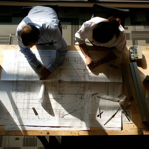 Architect and engineer collaboration on blueprints