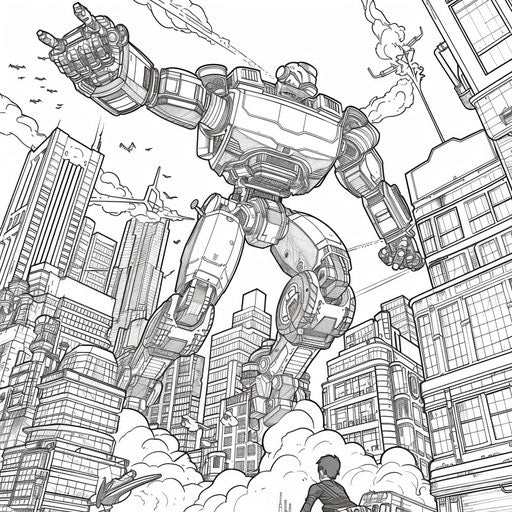 Superhero fighting a giant robot in a futuristic city