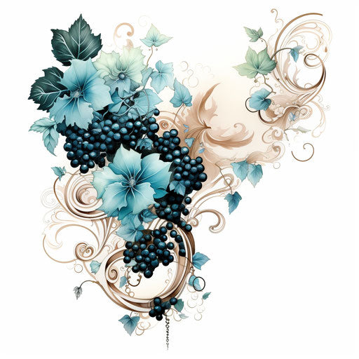 Black and white fractal with natural textures, flowers, leaves and grapes