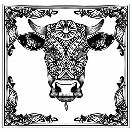 Cow adorned with geometric tribal designs