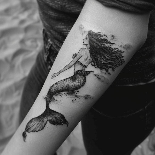 Mermaid tattoo in black and grey shades on white background