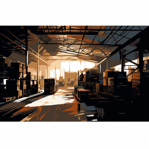 Warehouse clipart in the style of Chiaroscuro Art, on white background