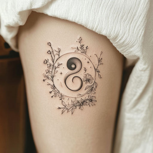 Tiny cute tattoo with yin-yang symbol and floral patterns