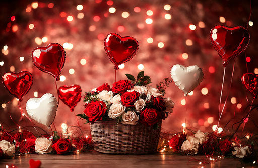 Enchanting Valentine's Day scene with heart balloons and red & white roses