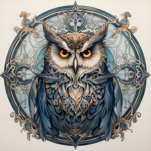 Owl in circle of feathers, rococo style, intricate line work