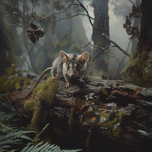 A small mountain mammal exploring a moss-covered log in a dense, foggy forest