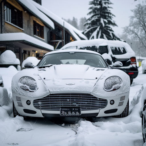 Snow-covered Aston Martin DB7 Zagato with ski racks, winter sports resort parking lot