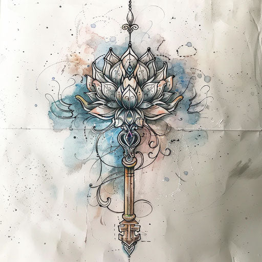 Elegant sketch of a filigree key with subtle watercolor effects
