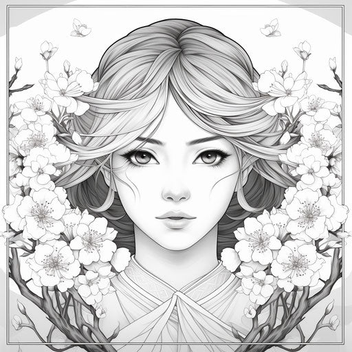 Black and white coloring page with flowers, cherry blossom style
