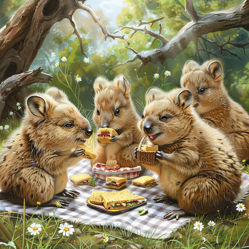 Quokkas' picnic in wildflower meadow with gingham blanket
