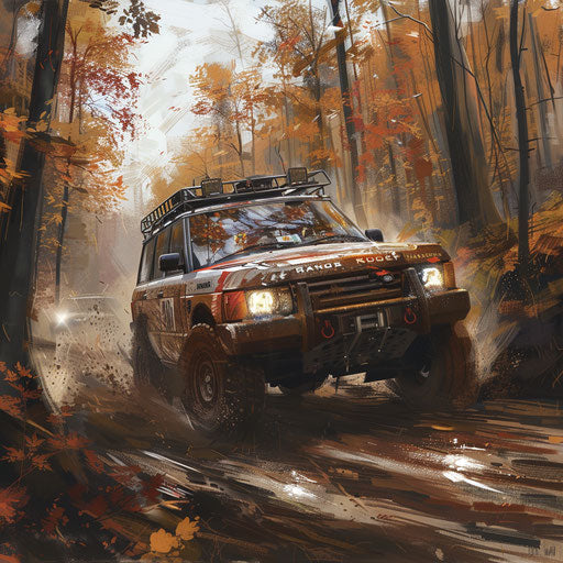 Modified SUV in rally race through the forest