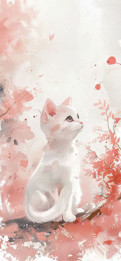 White kitten sitting, anime art style, light pink and amber, stains/washes, lively illustrations, sparklecore, aquarellist, animal depictions