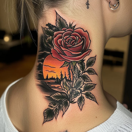 Rose neck tattoo in the style of David Palumbo with a rose blooming under a sunset