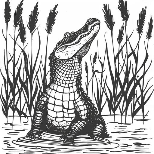 Bold alligator silhouette with cattails and water background