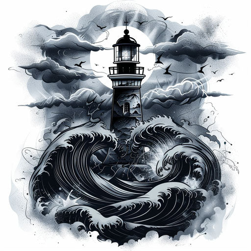 Nautical tattoo with lighthouse on stormy waves