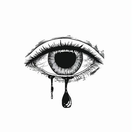 Minimalist tattoo sketch of an eyeball with a tear in black and white