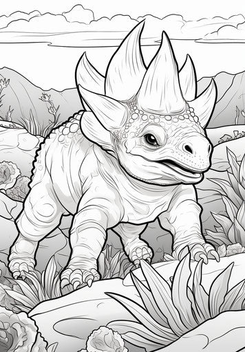 Coloring page of a small baby triceratops with teeth