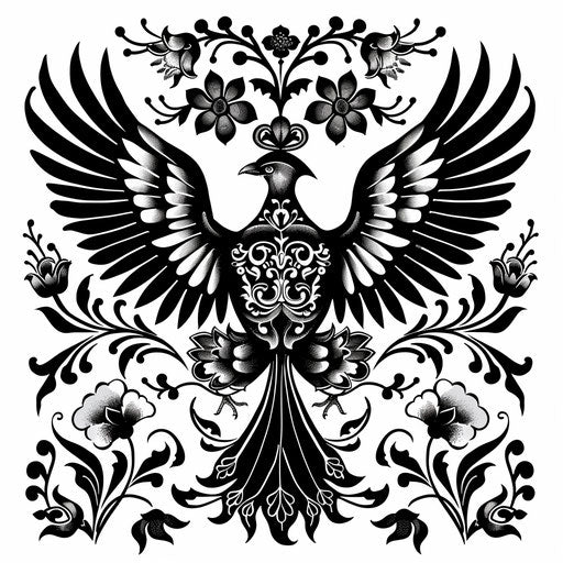 Detailed flat tattoo sketch of Russian folk patterns in black and white